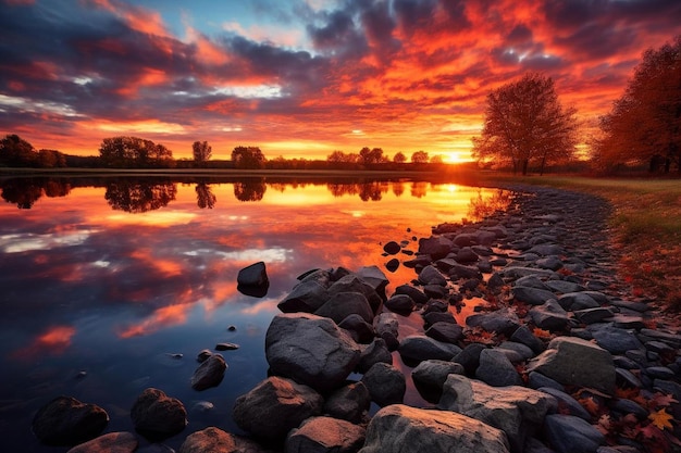 a sunset over a lake with a red sky and trees in the background.