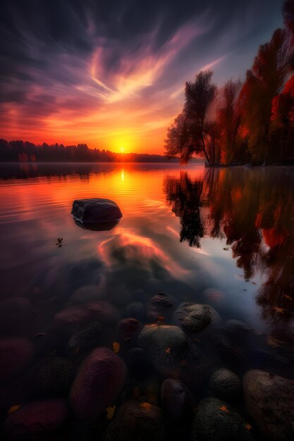 A sunset over a lake with a rock in the water