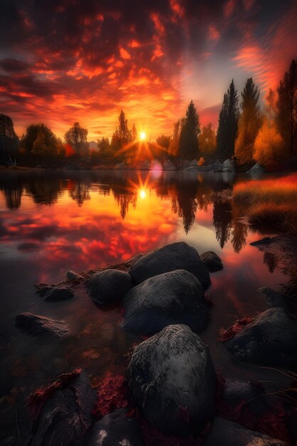 A sunset over a lake with rocks and a red sky with the sun setting behind it.