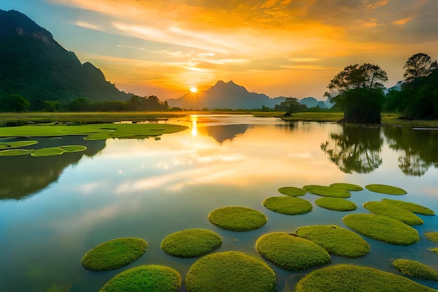 sunset over a lake with rocks and trees