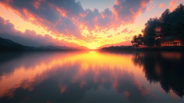 A sunset over a lake with a sky background