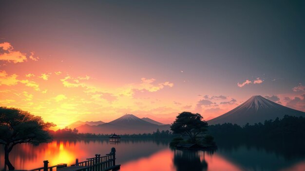 A sunset over a lake with a small island in the foreground