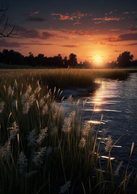 Foto tramonto su un lago con erba alta e alberi sullo sfondo generativo ai