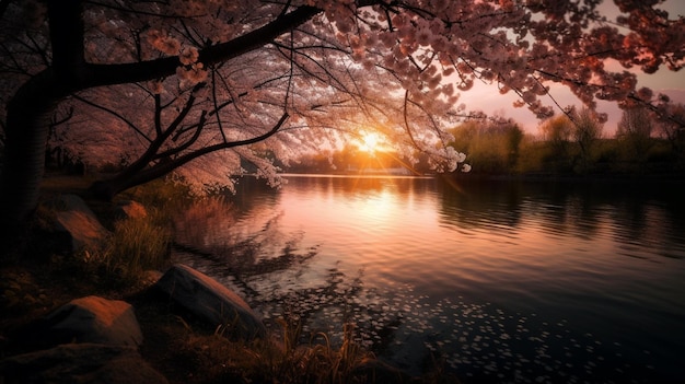 A sunset over a lake with a tree in the foreground and a pink sky with the sun setting behind it.