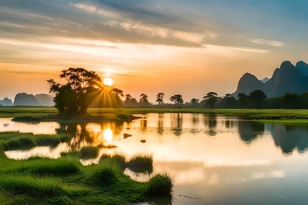 Photo a sunset over a lake with a tree in the foreground