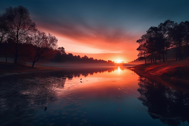 木々のある湖と手前の湖に沈む夕日