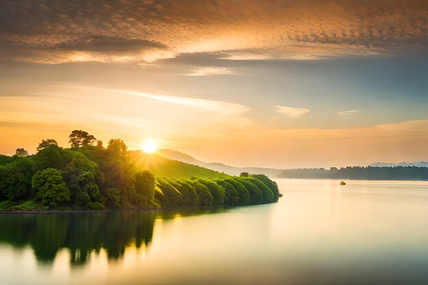 Foto tramonto su un lago con alberi e montagne sullo sfondo