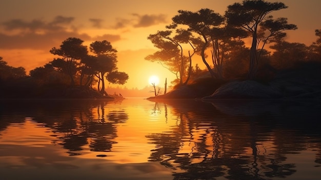 Sunset over a lake with trees reflected in watergenerative ai