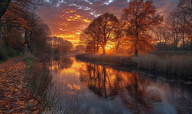 Photo a sunset over a lake with trees and a sunset in the background