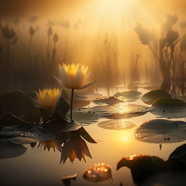 sunset over the lake with water lilly