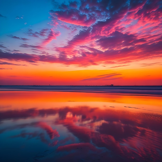 Photo a sunset over a lake with a wave in the foreground and a large orange sun in the background sunset