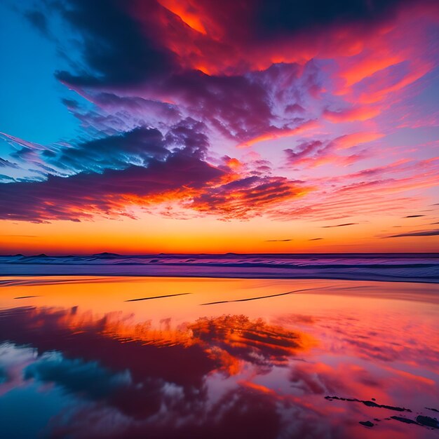 Foto un tramonto su un lago con un'onda in primo piano e un grande sole arancione sullo sfondo