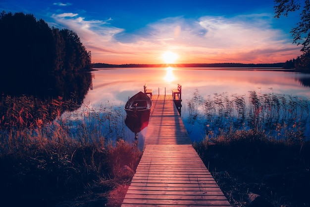 Sunset on a lake Wooden pier with fishing boat at sunset in Finland