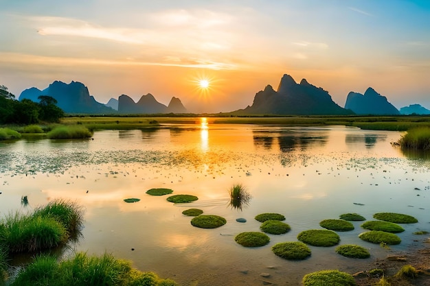 A sunset over a lake