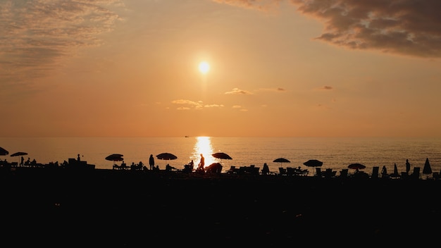 Paesaggio al tramonto. tramonto sulla spiaggia. silhouette di palme sulla spiaggia tropicale al tramonto, estate