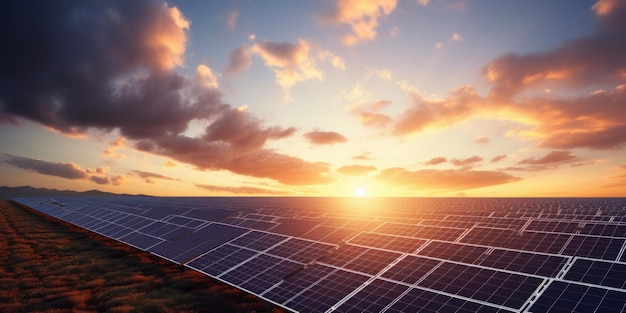 Фото Закатный пейзаж дополнен солнечными панелями создано с помощью генеративной технологии искусственного интеллекта