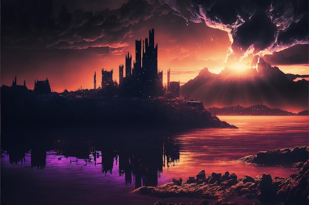 A sunset landscape featuring ominous castle Fantasy concept Illustration painting Generative AI