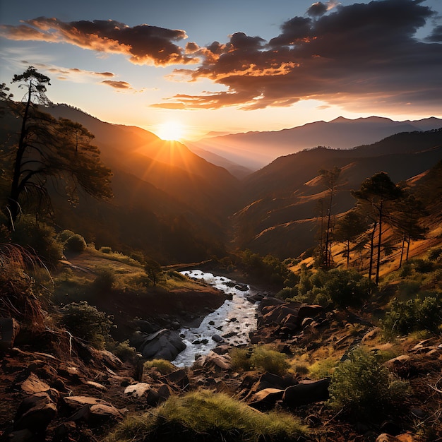 Sunset landscape in mountain forest colombian mountains sunset documentary photo