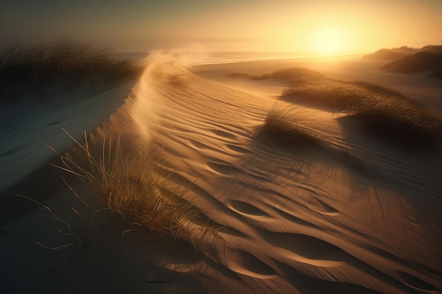 Sunset landscape photo of sand dunes by the beach Generative AI