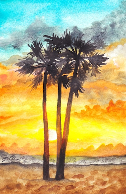 sunset landscape watercolor painting background