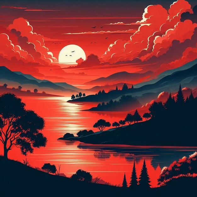 Photo sunset landscape with lake clouds on red sky silhouettes on hills and trees on coast