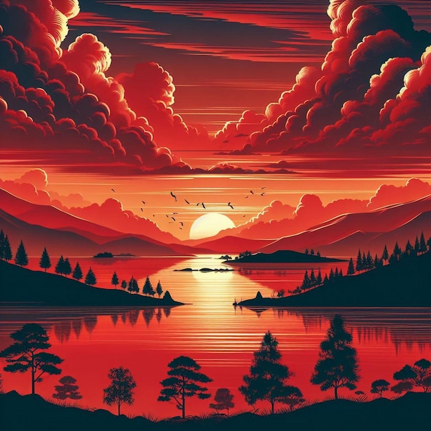 Пейзаж заката с облаками озера на красном небе, силуэты на холмах и деревьях на побережье