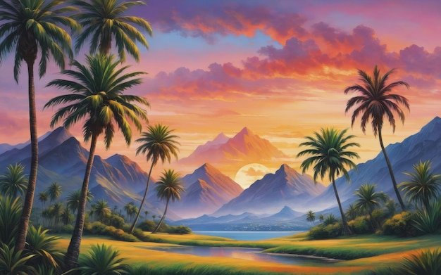 Sunset landscape with palm trees and mountains