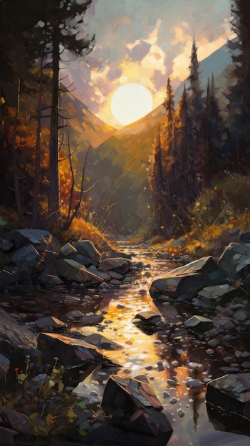 Sunset Landscape With Stream And Birch Trees