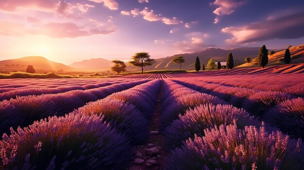 Sunset over lavender field in Provence France