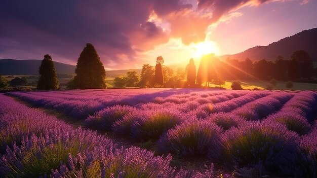 Sunset over lavender field in Provence France