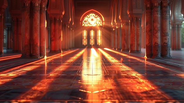 写真 夕暮れ の 光 の 線 が 影 で 装飾 さ れ た モスク の 内装 を 照らし て いる
