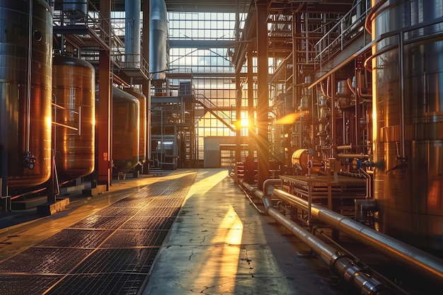 Sunset light shining through a large industrial brewery
