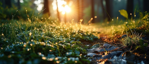 Sunset light streams through a forest casting a golden glow on the dewcovered underbrush and creating a magical bokeh effect