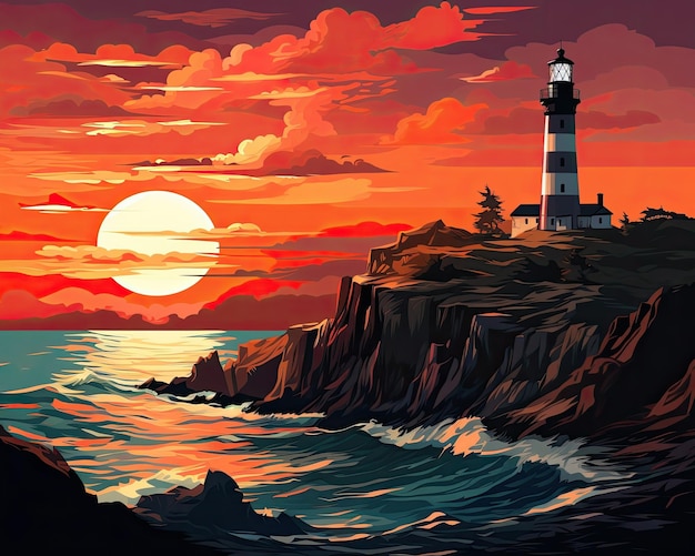 At sunset a lighthouse overlooks the ocean from a cliff Generative AI