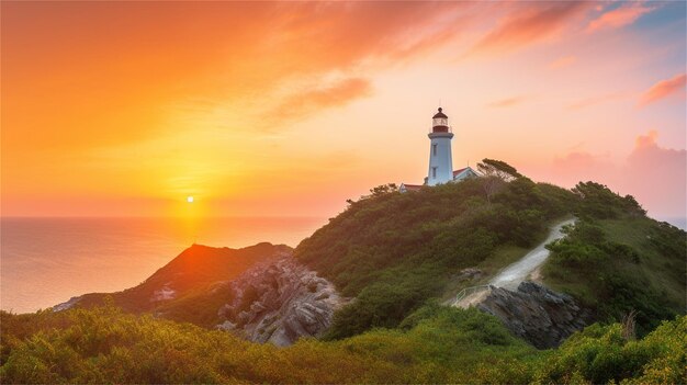 A sunset over a lighthouse