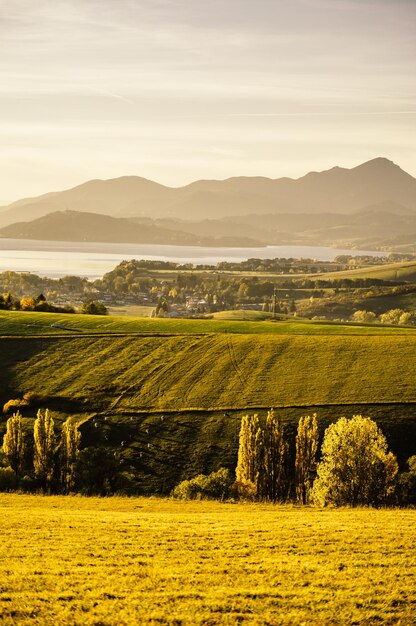 Sunset over liptov region in the backround with liptovska mara lake and tatras mountains around liptovsky mikulas landspace slovakia