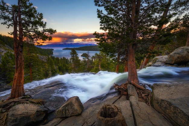 Sunset above lower eagle falls and emerald bay lake tahoe california