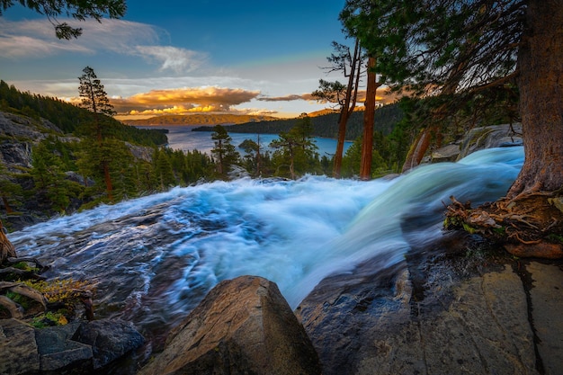 Sunset above Lower Eagle Falls and Emerald Bay Lake Tahoe California