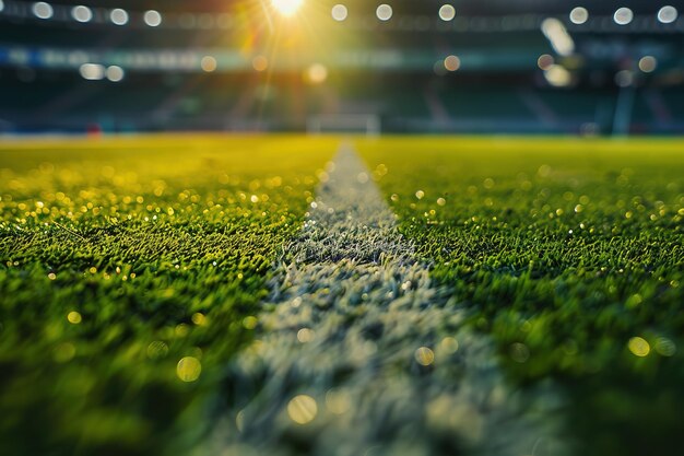 Sunset over a lush soccer field with the goalpost in the distance and light reflecting on the grass