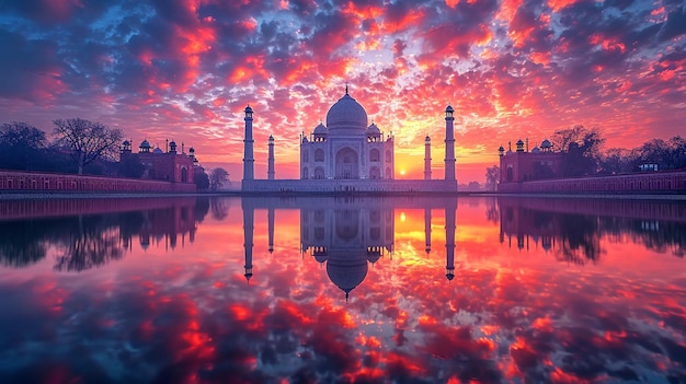 Foto il tramonto sul maestoso taj mahal che si riflette nel fiume yamuna