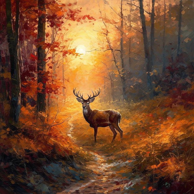 Sunset majesty fall forest landscape with a buck