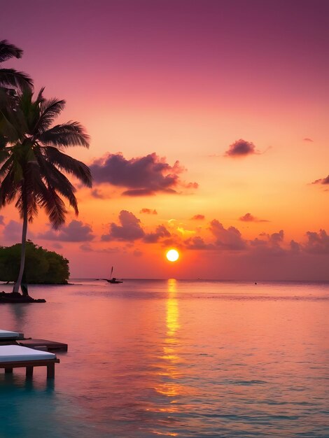 Foto il tramonto nelle isole maldive bel tramonto cielo e nuvole ville d'acqua di lusso e sentiero di legno