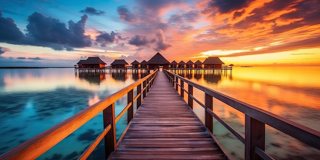 Sunset on Maldives island luxury water villas resort and wooden pier Beautiful sky and clouds