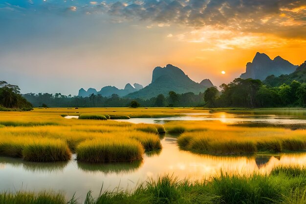 sunset over a marsh with mountains in the background