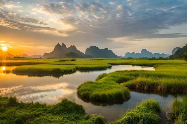 A sunset over a marsh with mountains in the background