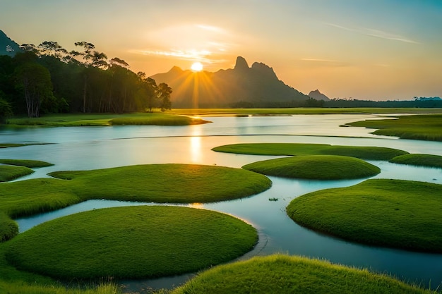 A sunset over a marsh with a view of a mountain in the background