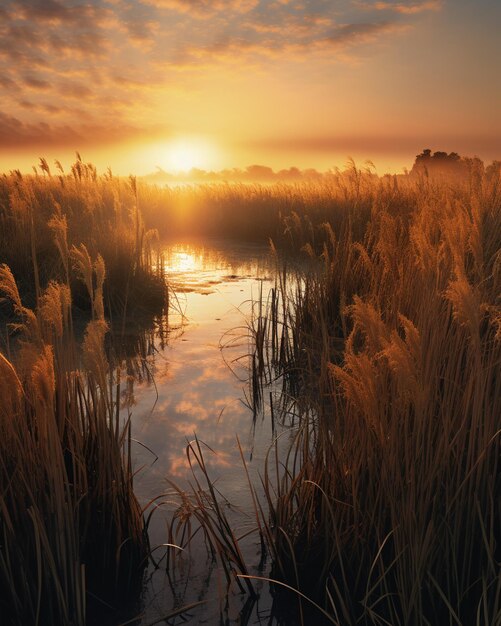 sunset over a marshy marshy area with tall grass and water generative ai