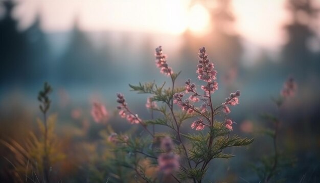 AI によって生成された鮮やかな野草の美しさで咲く夕日の草原