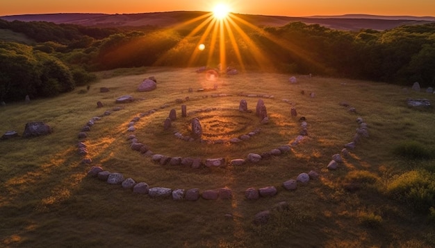 Sunset over meadow nature beauty in panoramic view generated by AI