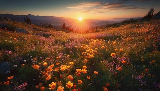 AIが生成した静かな美しさの中で咲く、夕焼けの草原の野の花